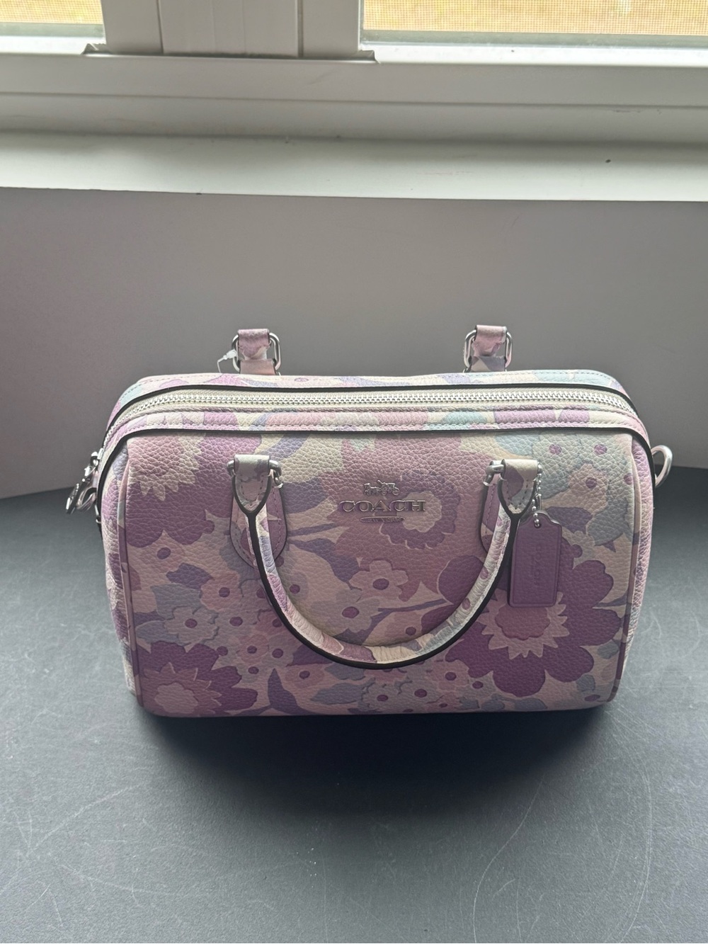 COACH Signature Canvas Satchel Wallet Set w/ Floral Print In Silver/Ivory/Purple - Picture 3 of 9